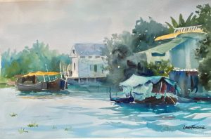 Along the Nekong watercolor by Larry Folding