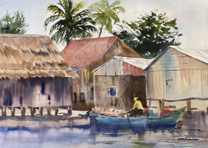 Buildings on the Water watercolor by Larry Folding