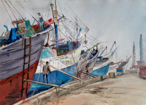 Sunda Kelapa Docks Jakarta 1 watercolor by Larry Folding
